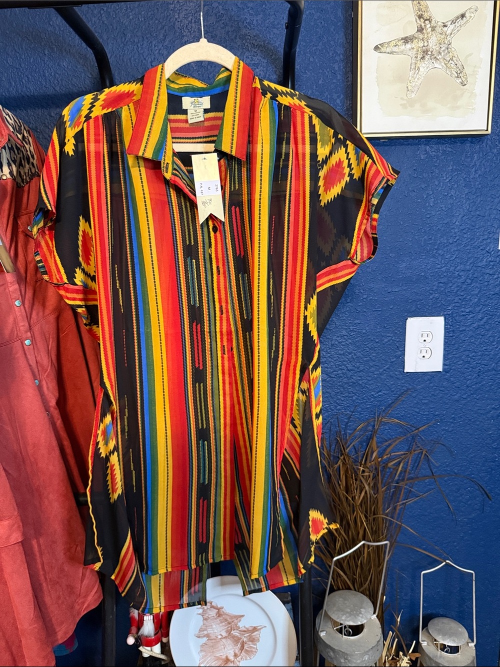 Men's Short-Sleeve Button-Down Shirt in Black with Red & Yellow Stripes